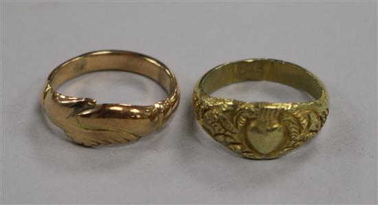 A yellow metal fede ring and another yellow metal ring 15.5g gross